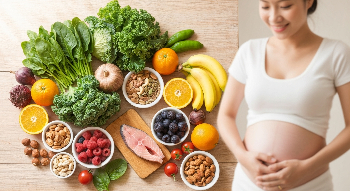 Hình ảnh minh họa các loại thực phẩm giàu dinh dưỡng cho bà bầu, bao gồm rau xanh, trái cây, thịt, cá và các loại hạt.