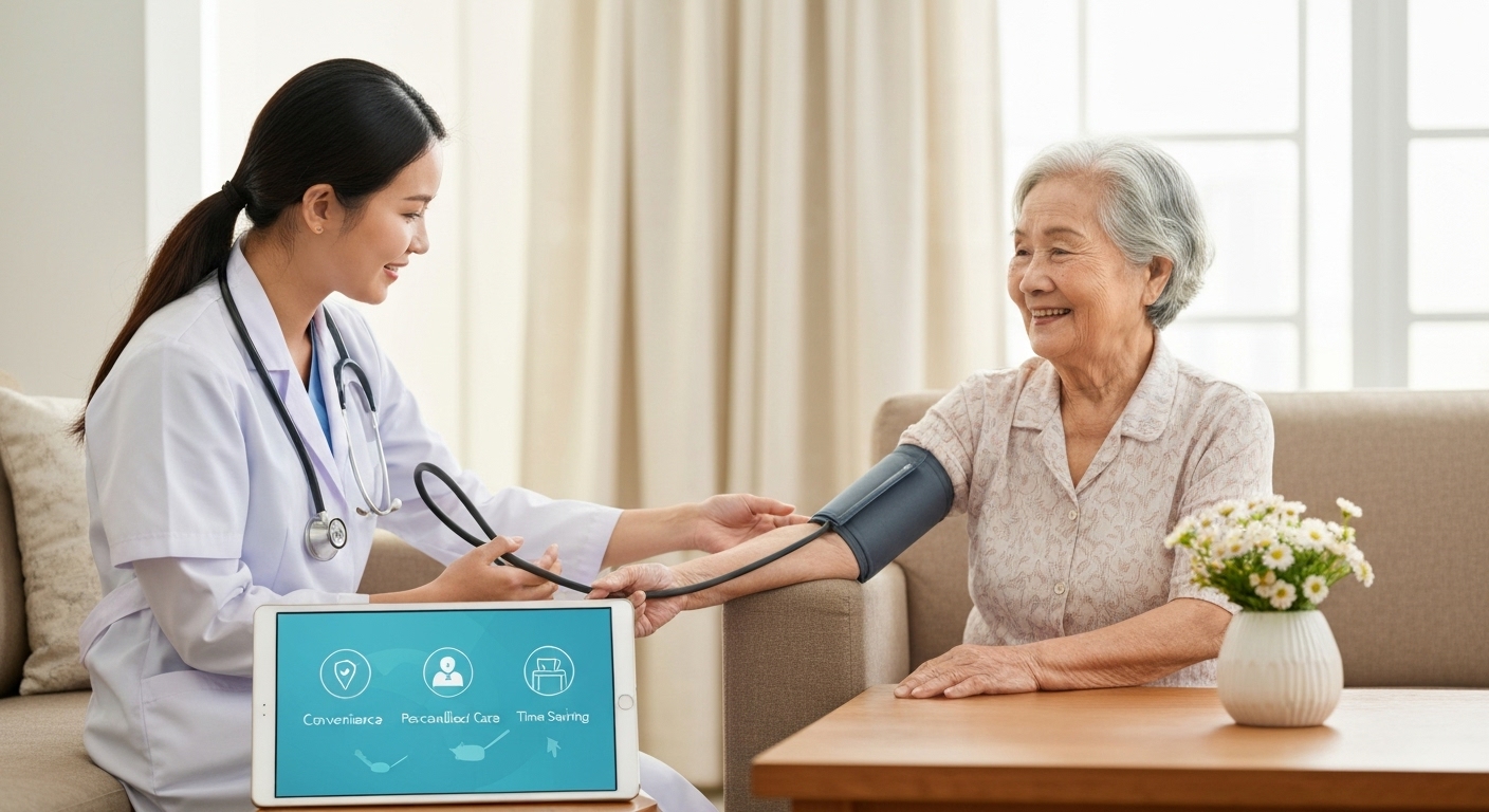 Hình ảnh tổng kết về lợi ích của dịch vụ khám bệnh tại nhà, nhấn mạnh sự tiện lợi và chăm sóc tận tâm.