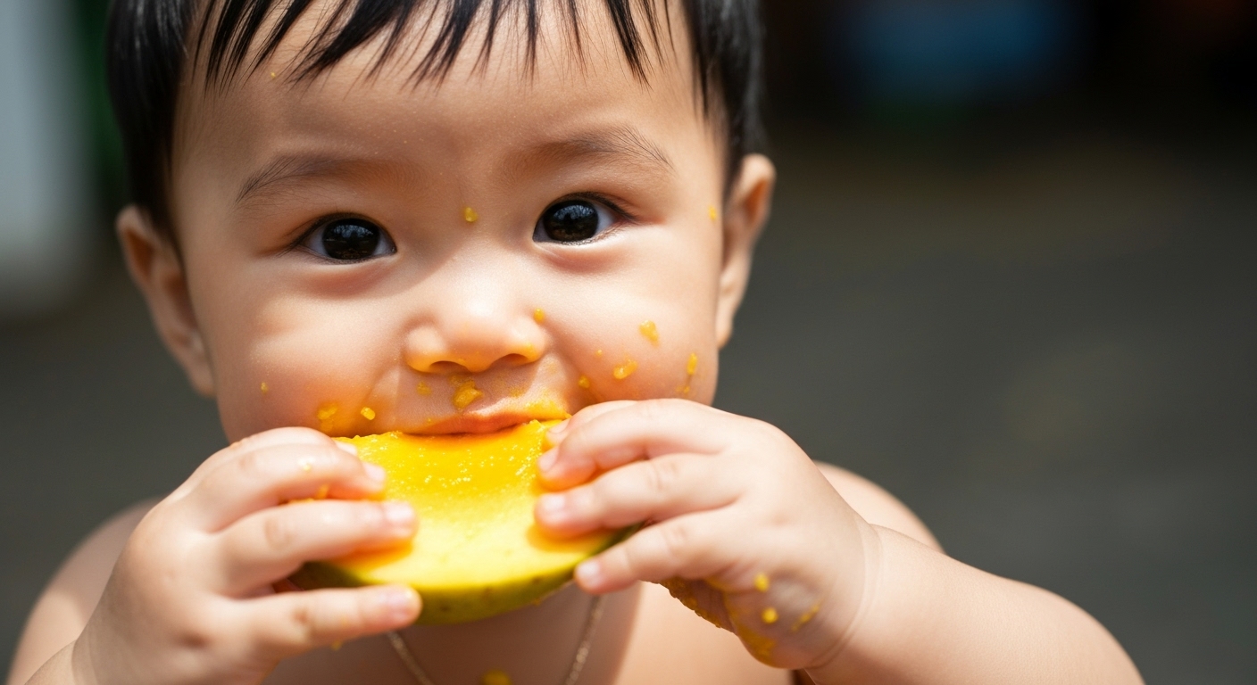Hình ảnh một em bé đang ăn trái cây tươi, biểu tượng cho dinh dưỡng lành mạnh.