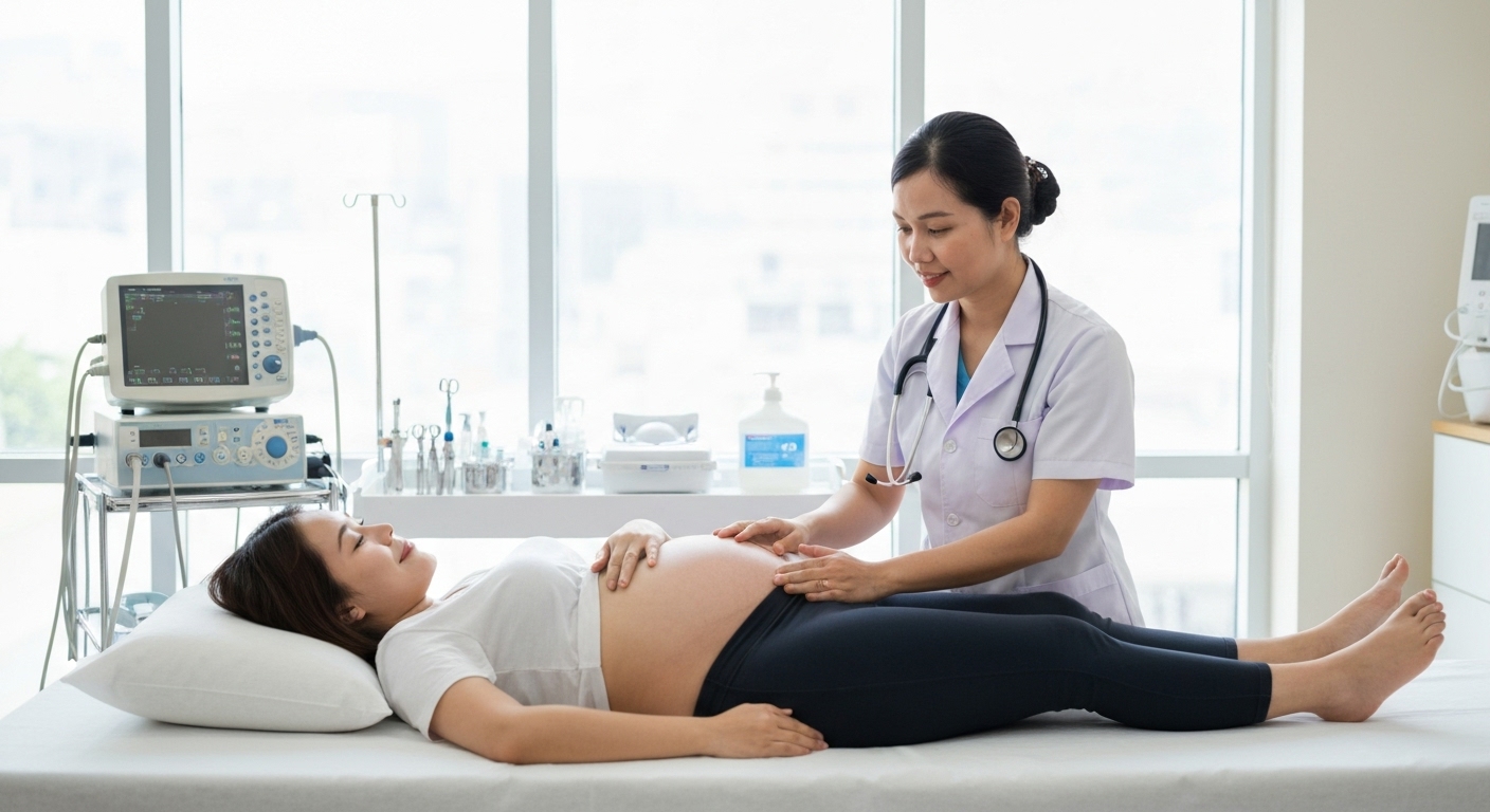 Hình ảnh bác sĩ khám thai định kỳ cho phụ nữ mang thai để theo dõi sức khỏe của mẹ và bé.