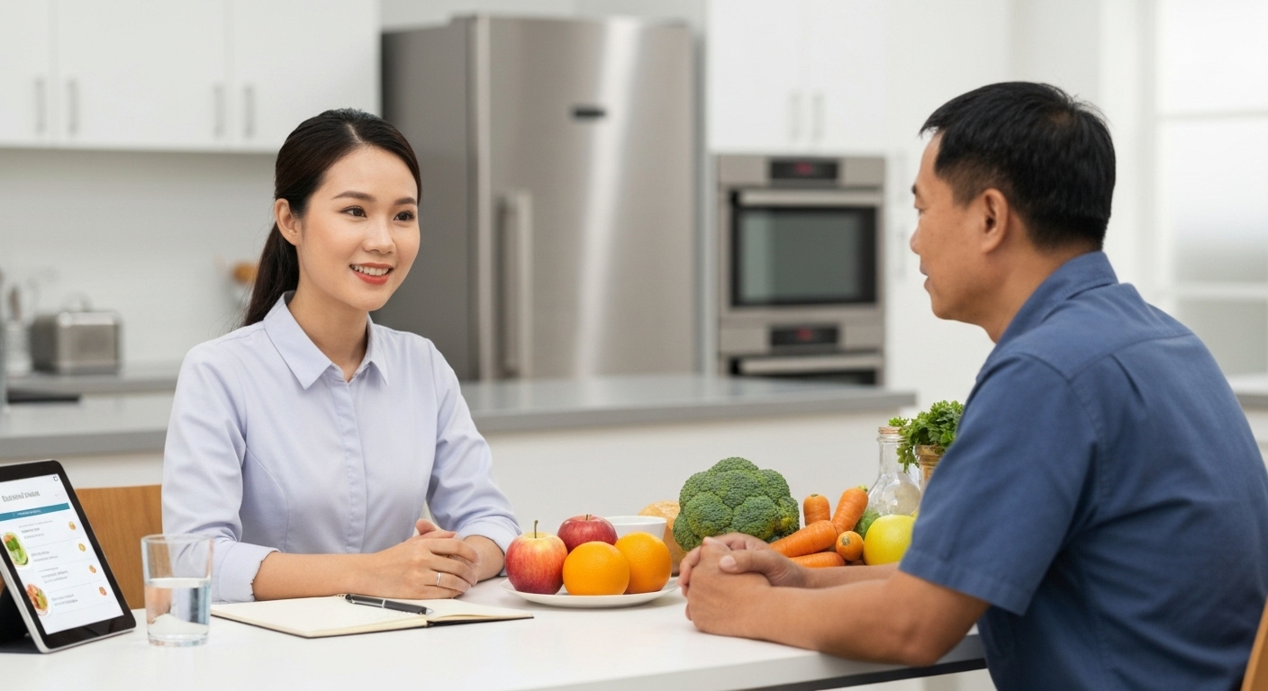Ảnh minh họa về chuyên gia dinh dưỡng tư vấn cho bệnh nhân tại nhà về chế độ ăn uống phù hợp.