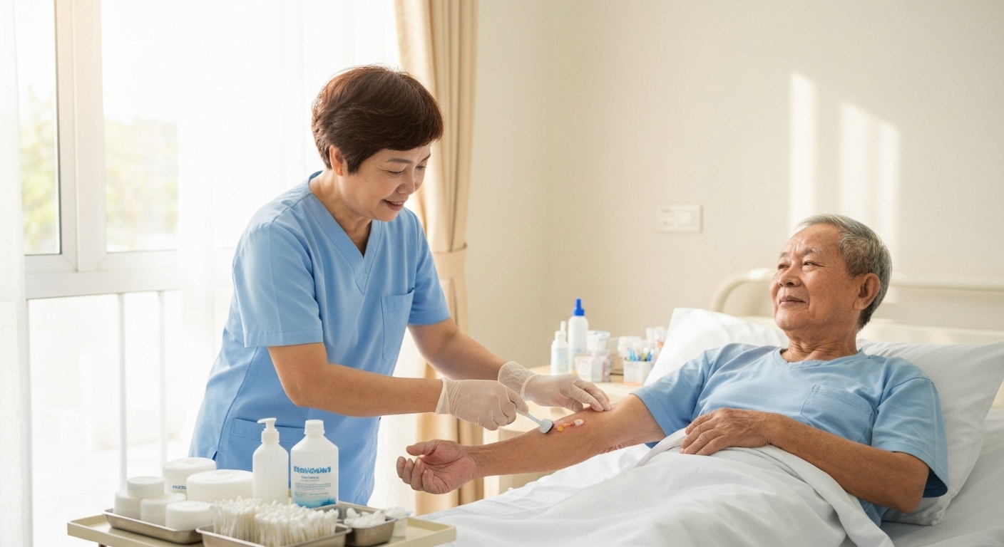 Y tá điều dưỡng tại nhà đang chăm sóc vết thương cho bệnh nhân.