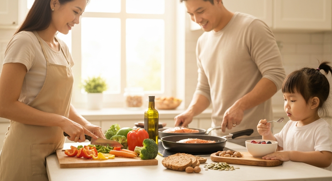 Hình ảnh minh họa lối sống lành mạnh kết hợp chế độ ăn uống tốt cho tim mạch