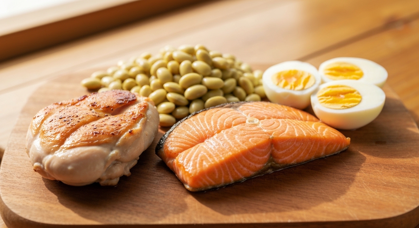 Hình ảnh các nguồn protein lành mạnh như thịt gà, cá, trứng, và đậu nành, minh họa tầm quan trọng của protein trong chế độ ăn của người lớn tuổi.
