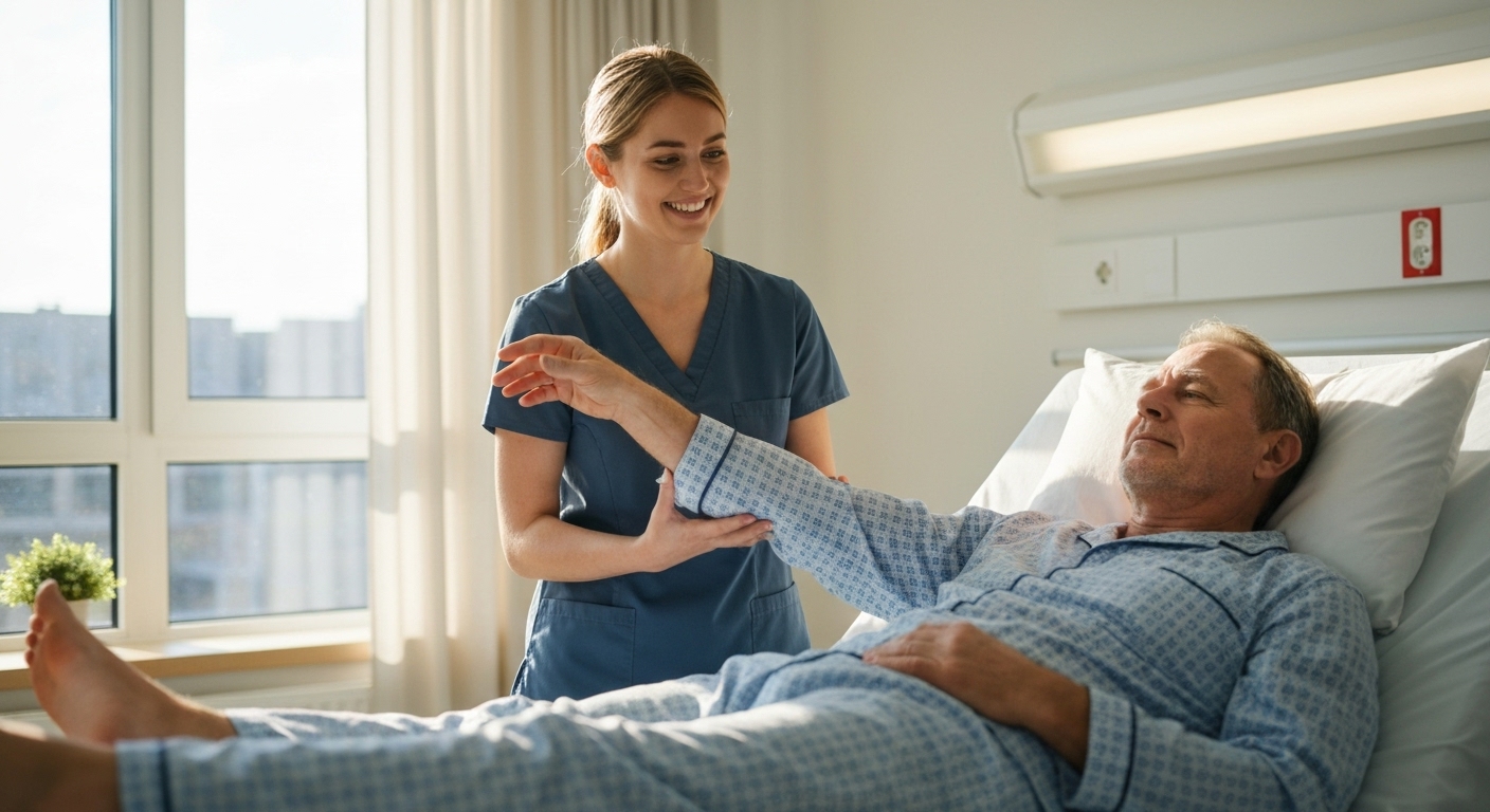 Một chuyên gia vật lý trị liệu đang giúp bệnh nhân tập luyện để phục hồi chức năng vận động.