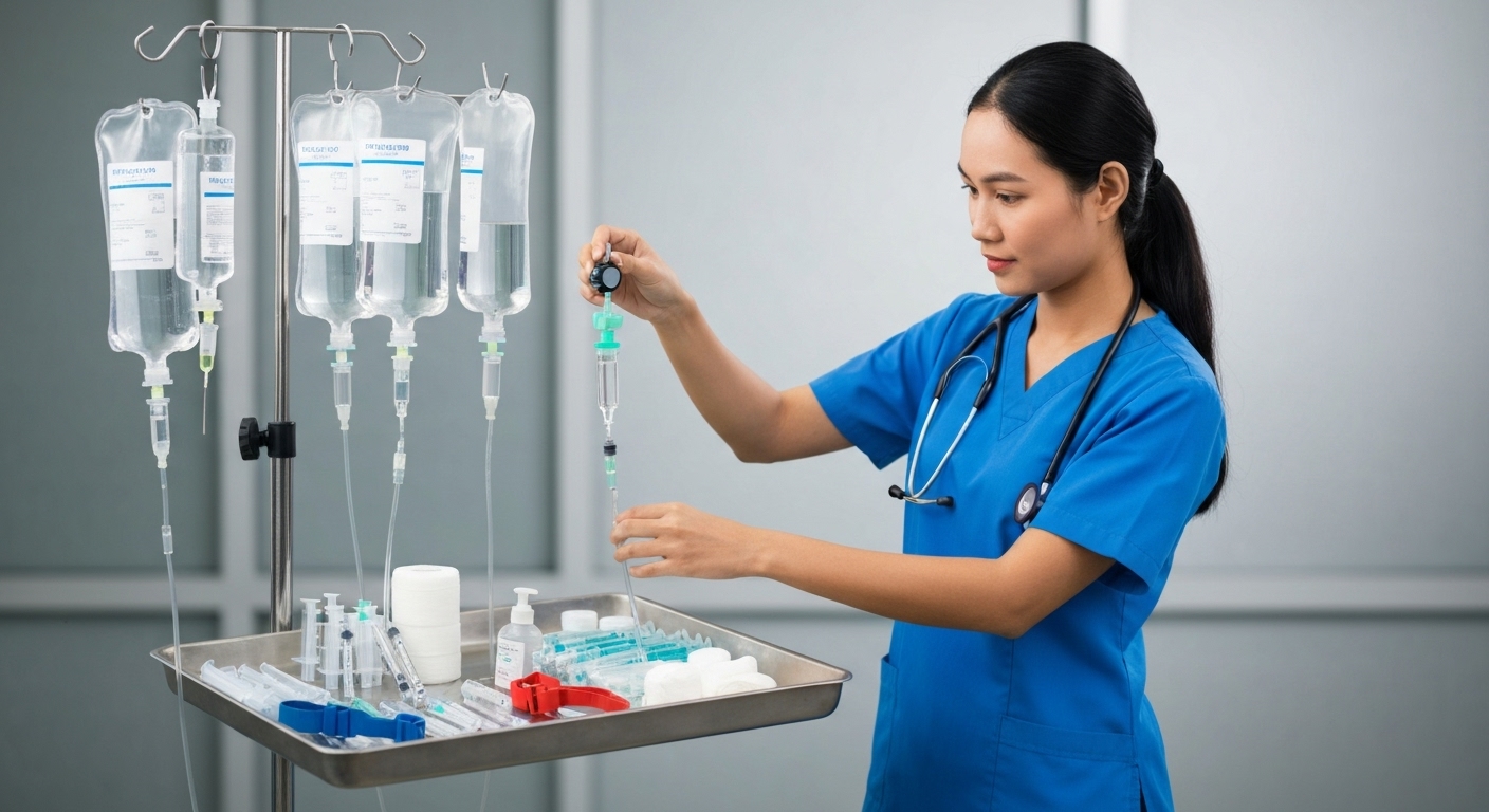 Hình ảnh minh họa các loại dịch truyền và dụng cụ tiêm truyền, thể hiện sự đa dạng của dịch vụ.