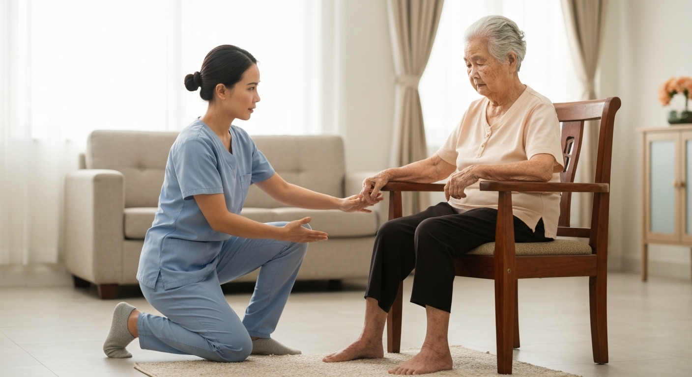 Hình ảnh chuyên viên vật lý trị liệu đang hướng dẫn bệnh nhân tập luyện tại nhà.