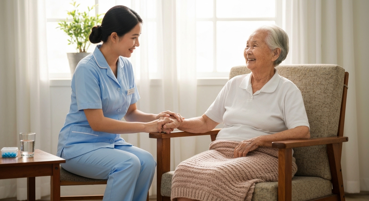 Điều dưỡng viên chăm sóc và trò chuyện với người cao tuổi tại nhà.