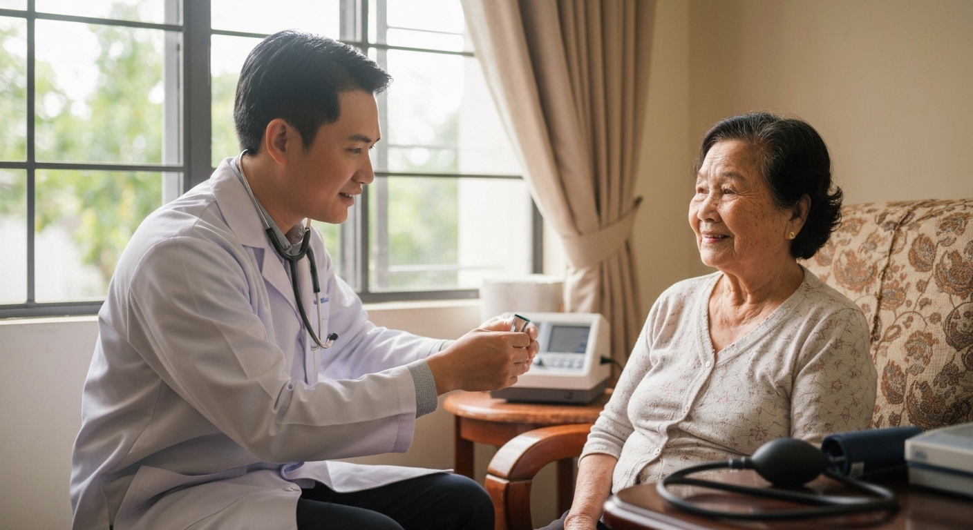 Hình ảnh bác sĩ đang khám bệnh cho người cao tuổi tại nhà, minh họa sự tiện lợi của dịch vụ.