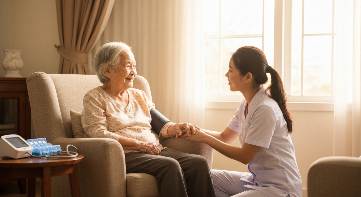 Hình ảnh minh họa các lợi ích của việc chăm sóc sức khỏe tại nhà, bao gồm sự thoải mái, tiện lợi và chăm sóc cá nhân hóa.