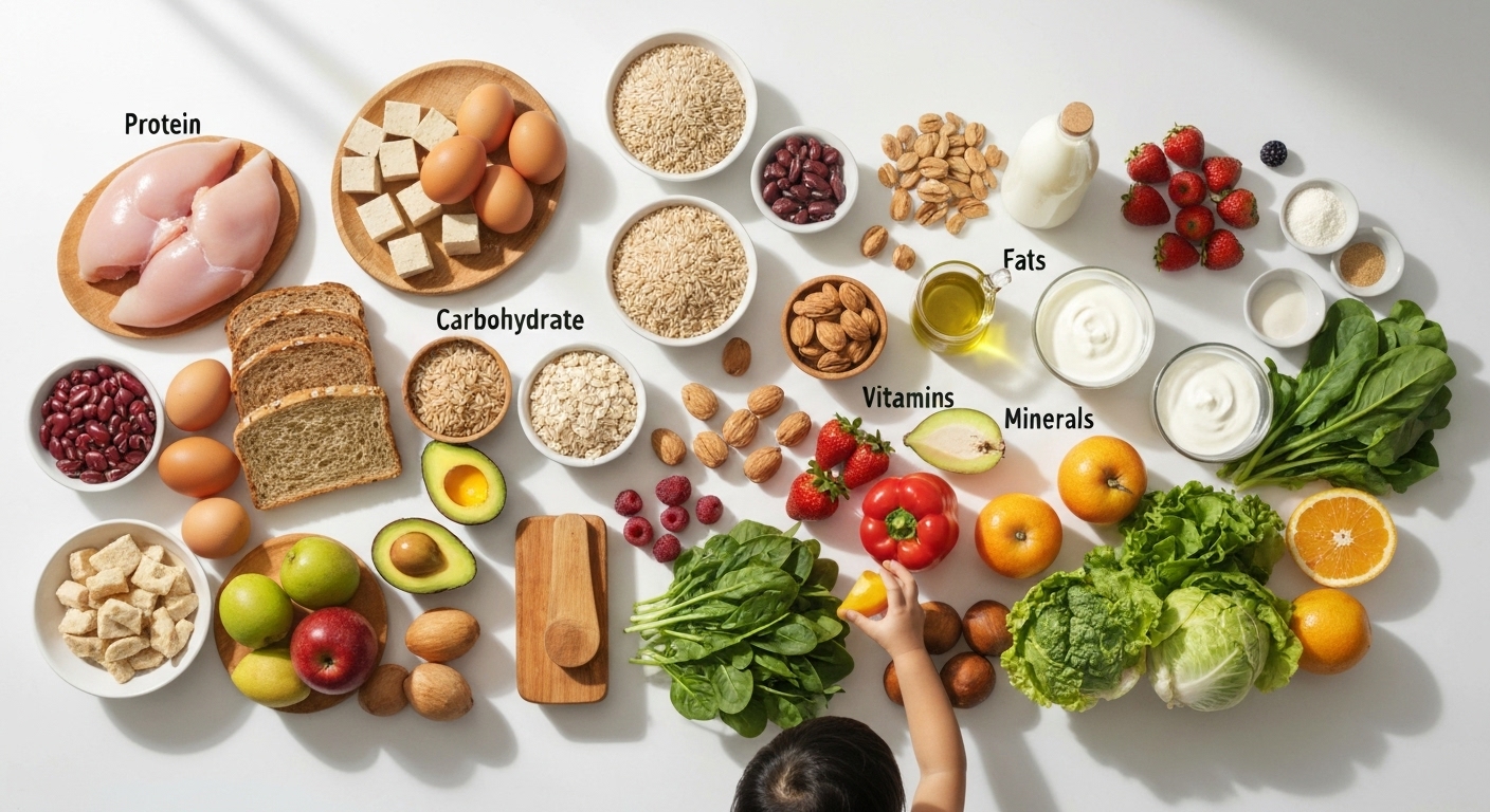 Hình ảnh các loại thực phẩm đại diện cho các nhóm chất dinh dưỡng khác nhau: protein, carbohydrate, chất béo, vitamin và khoáng chất.