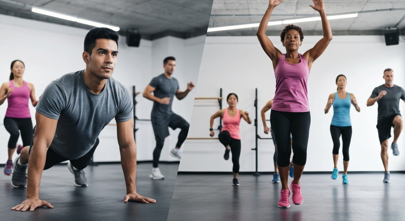 Hình ảnh minh họa các bài tập HIIT giảm cân như burpees, jumping jacks