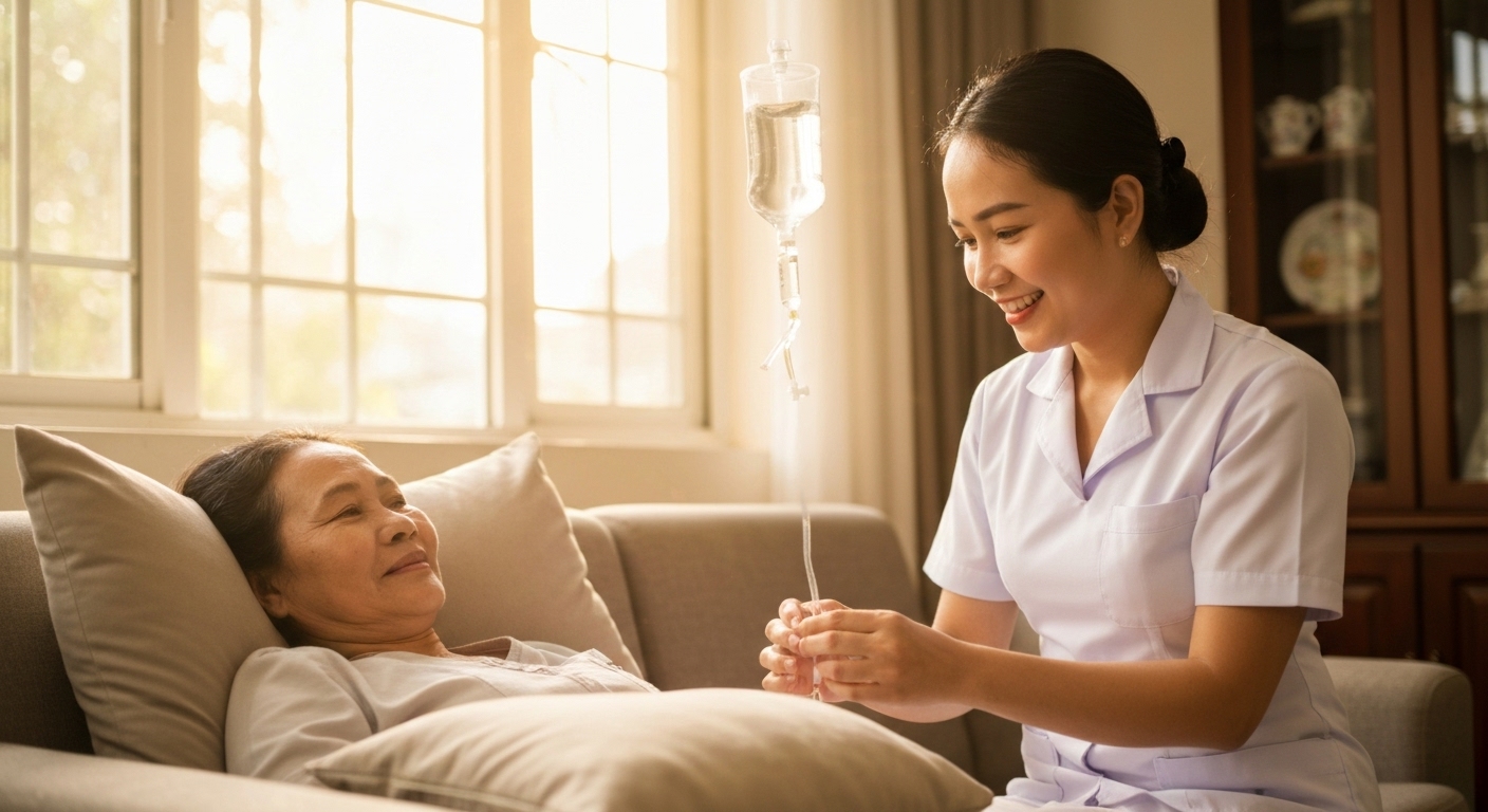 Điều dưỡng viên đang theo dõi bệnh nhân trong quá trình truyền dịch tại nhà, thể hiện sự chăm sóc tận tâm.