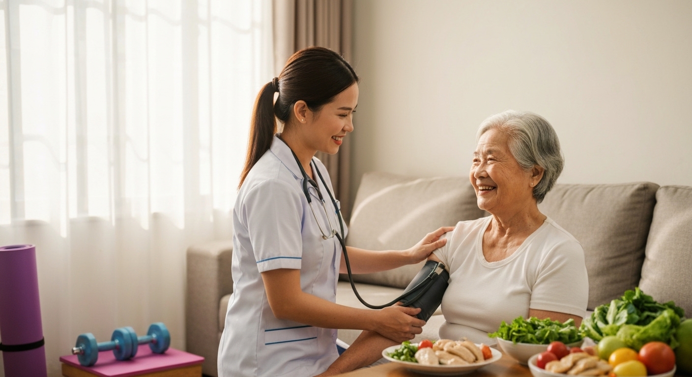 Nhân viên y tế chăm sóc người cao tuổi tại nhà