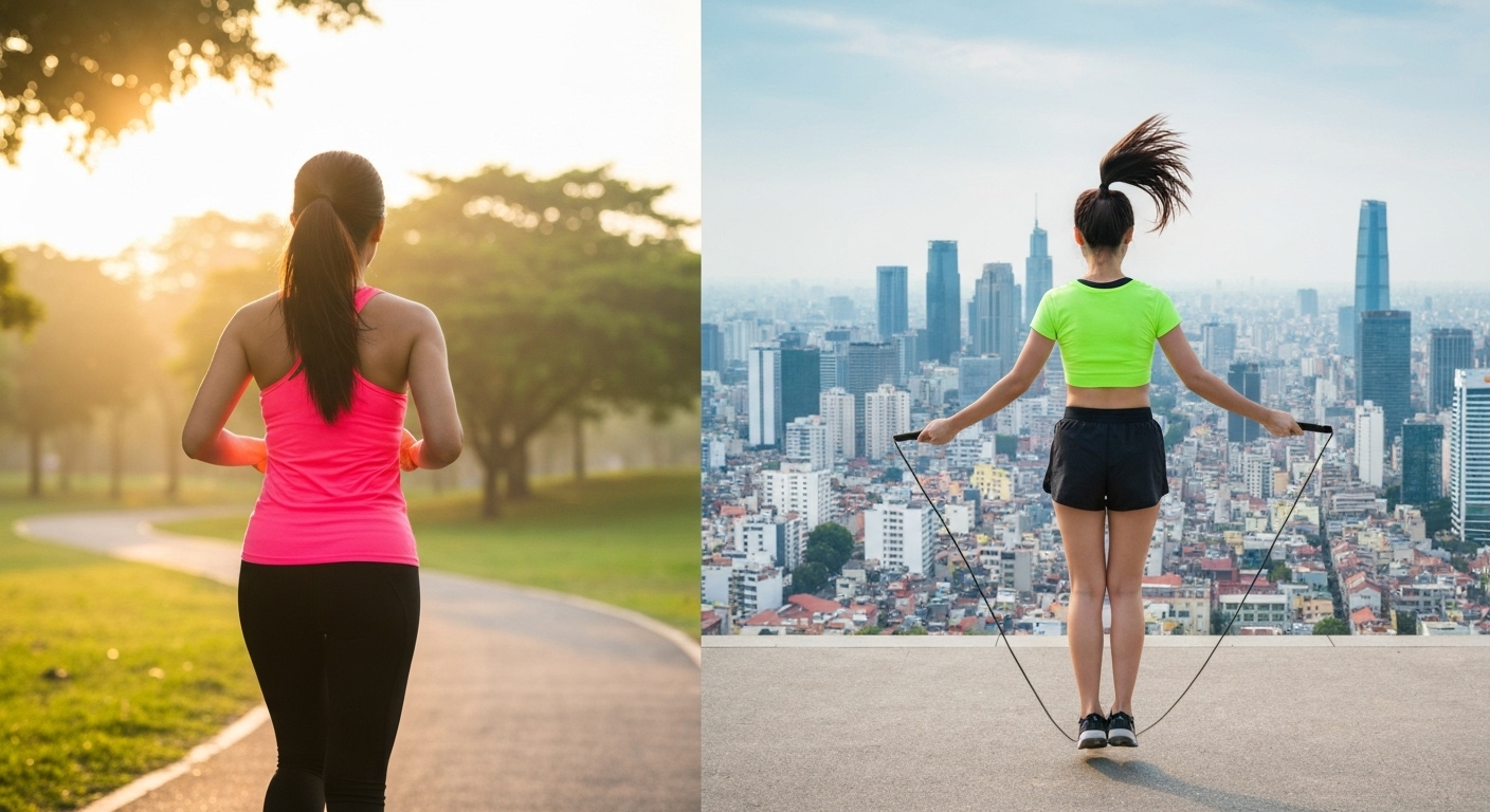 Hình ảnh minh họa các bài tập cardio giảm cân như chạy bộ, nhảy dây