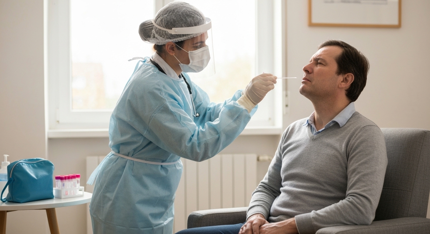 Nhân viên y tế đang lấy mẫu xét nghiệm tại nhà bệnh nhân.