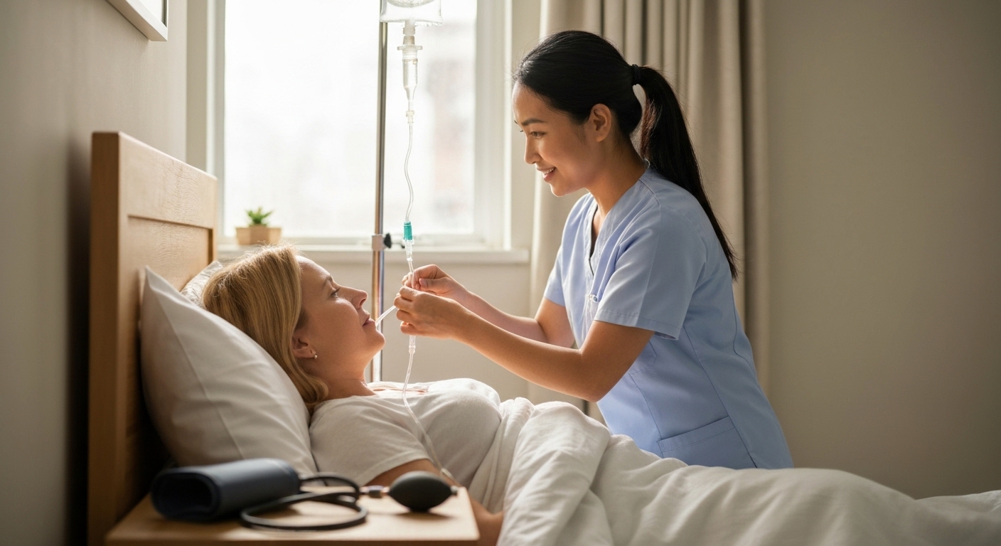 Hình ảnh một điều dưỡng viên chăm sóc bệnh nhân tại nhà, thể hiện sự tiện lợi của dịch vụ này.
