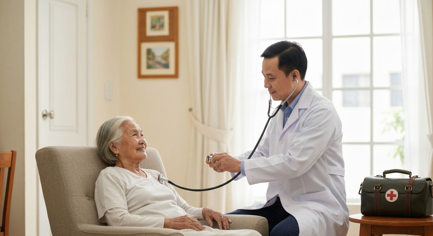 Hình ảnh bác sĩ đang khám bệnh tại nhà cho bệnh nhân, sử dụng ống nghe.