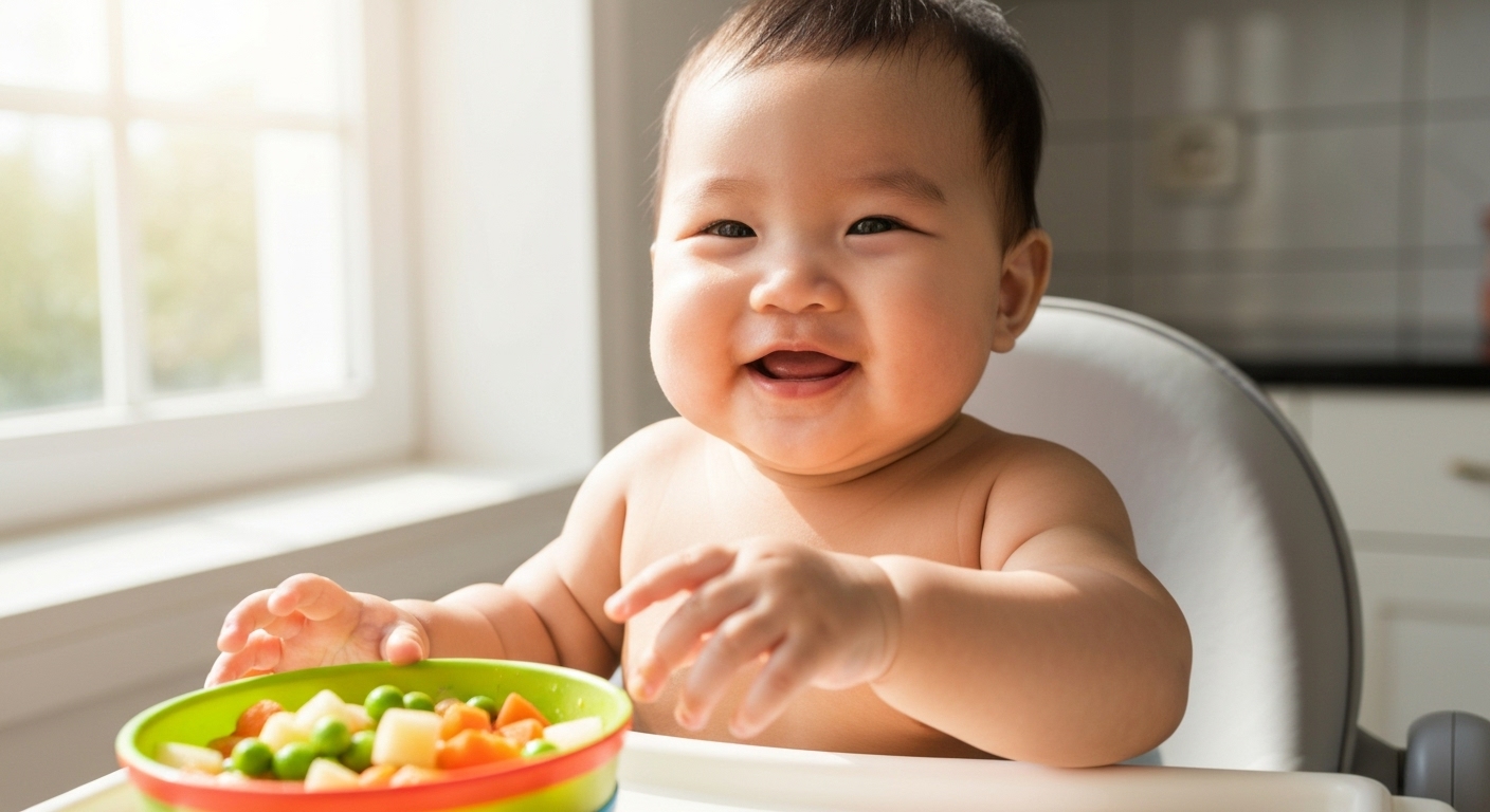 Hình ảnh một em bé khỏe mạnh, vui vẻ, biểu tượng cho sự phát triển tốt nhờ dinh dưỡng hợp lý.