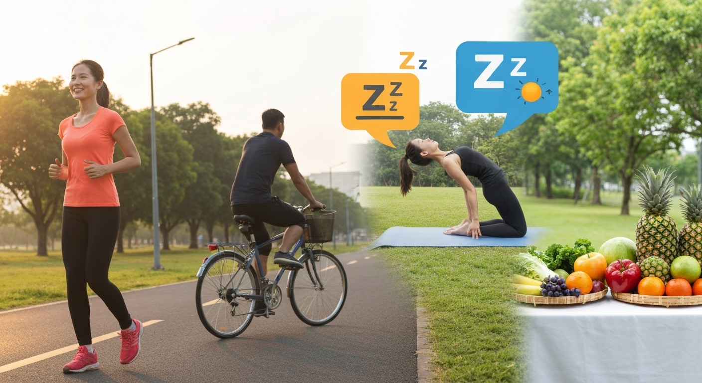 Hình ảnh minh họa về các hoạt động thể chất như chạy bộ, đi xe đạp và tập yoga, kết hợp với giấc ngủ đủ giấc và chế độ ăn uống lành mạnh.