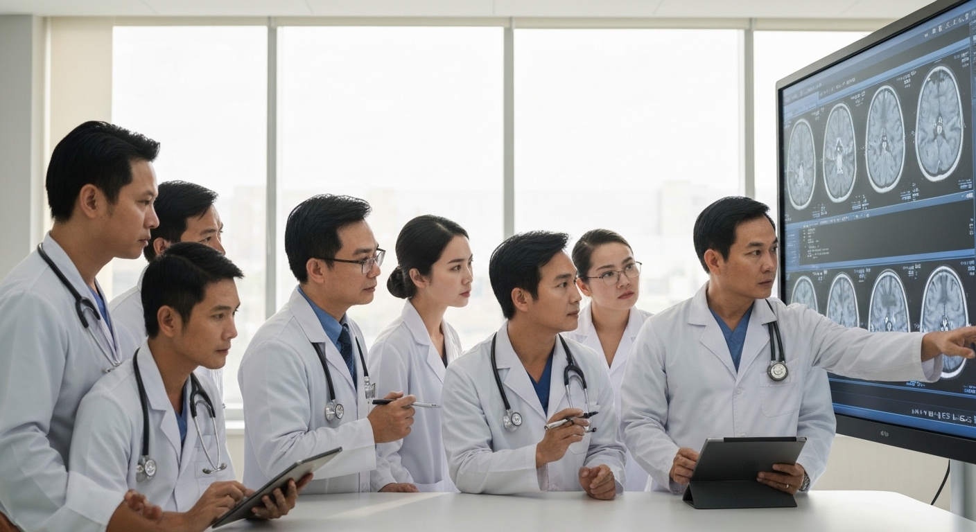 Hình ảnh các bác sĩ đang hội chẩn, thể hiện sự cập nhật và áp dụng các phương pháp điều trị mới trong bệnh viện.