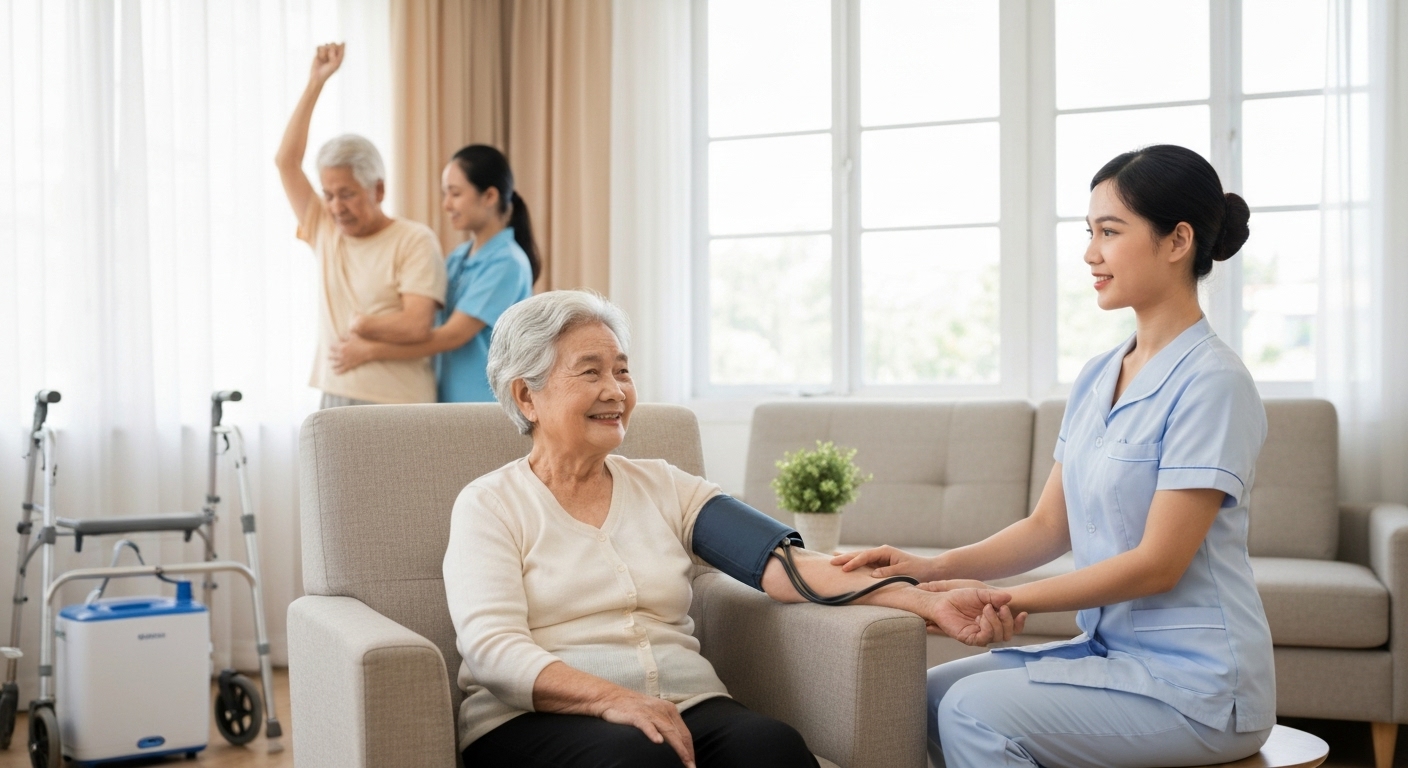 Hình ảnh các dịch vụ chăm sóc sức khỏe tại nhà phổ biến, bao gồm điều dưỡng, chăm sóc người già, và phục hồi chức năng.