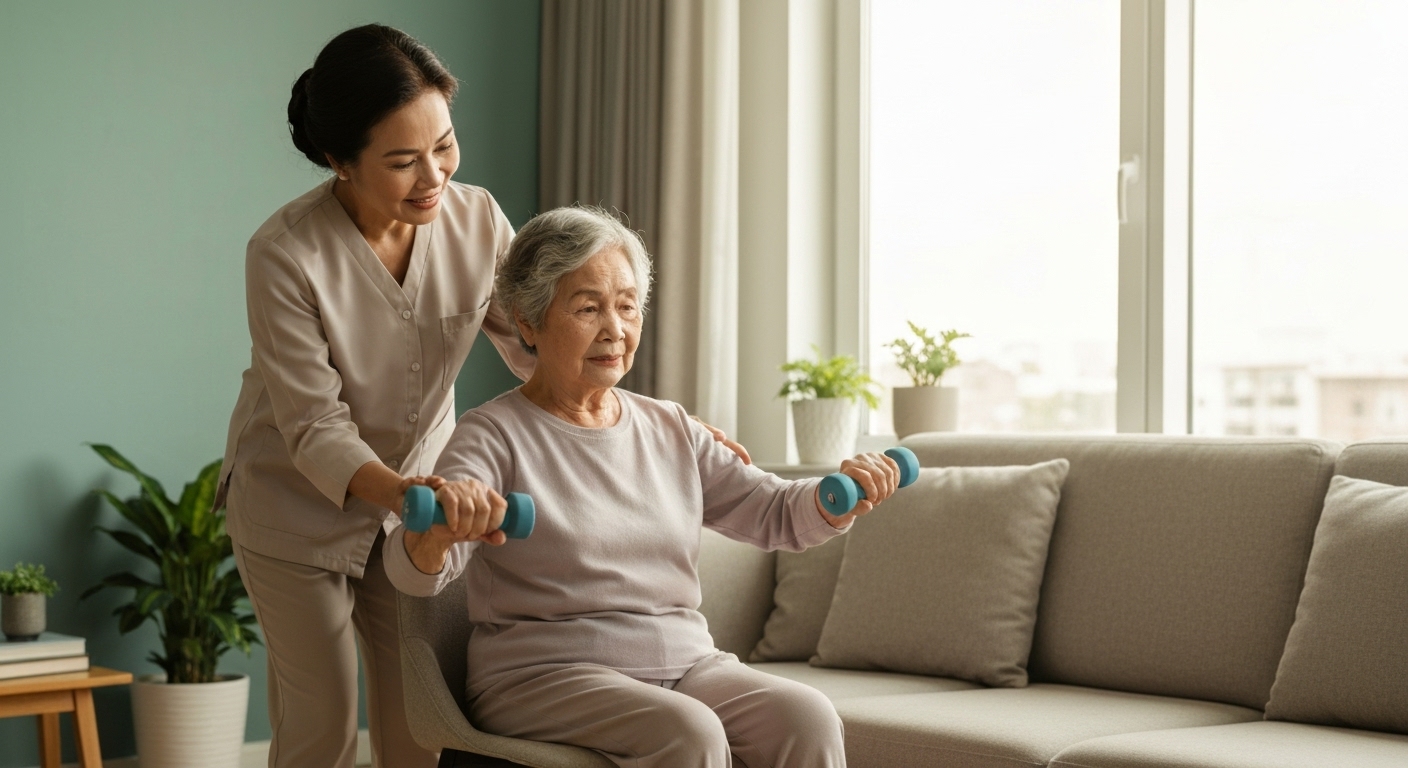 Người chăm sóc hỗ trợ người già tập thể dục tại nhà