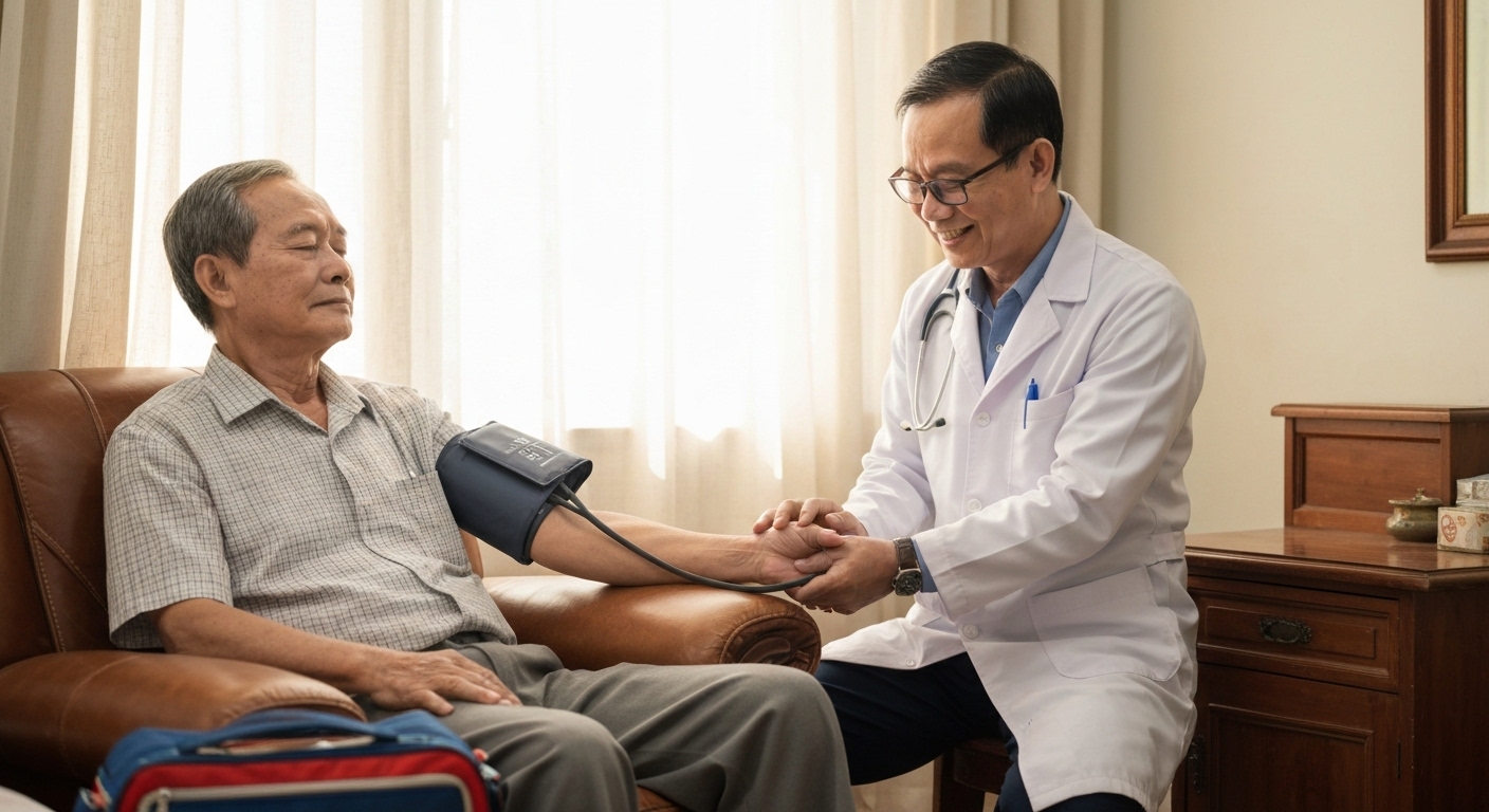 Bác sĩ gia đình sử dụng máy đo huyết áp tại nhà bệnh nhân