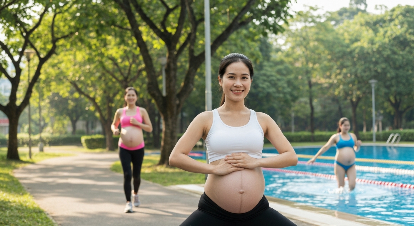 Hình ảnh minh họa các bài tập thể dục nhẹ nhàng phù hợp cho phụ nữ mang thai, ví dụ như đi bộ, yoga và bơi lội.
