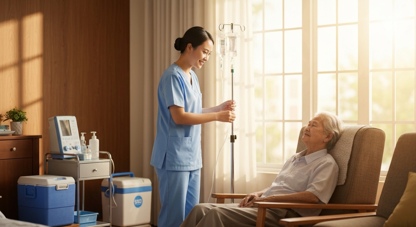 Y tá đang tiêm truyền dịch cho một người lớn tuổi tại nhà, thể hiện sự tiện lợi cho người già.