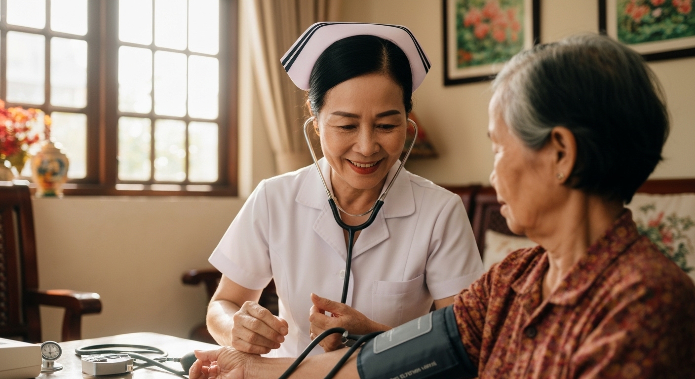 Điều dưỡng viên chăm sóc người bệnh tại nhà, đo huyết áp và theo dõi sức khỏe.