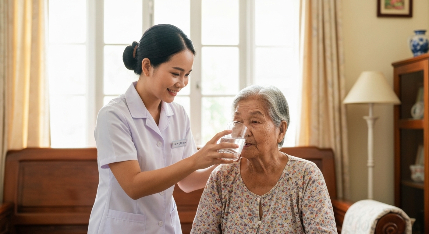 Hình ảnh một điều dưỡng viên đang ân cần chăm sóc bệnh nhân cao tuổi tại nhà.