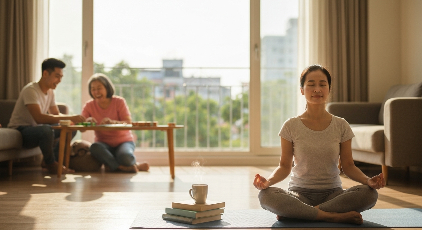 Hình ảnh minh họa về các hoạt động giúp cải thiện sức khỏe tinh thần, như thiền, yoga, đọc sách và dành thời gian cho bạn bè và gia đình.