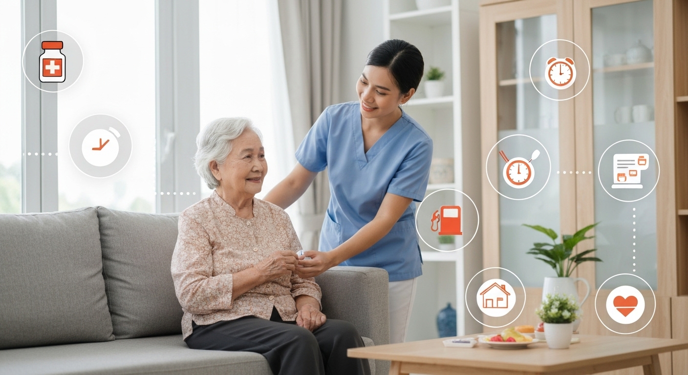 Hình ảnh minh họa các yếu tố ảnh hưởng đến chi phí chăm sóc sức khỏe tại nhà.