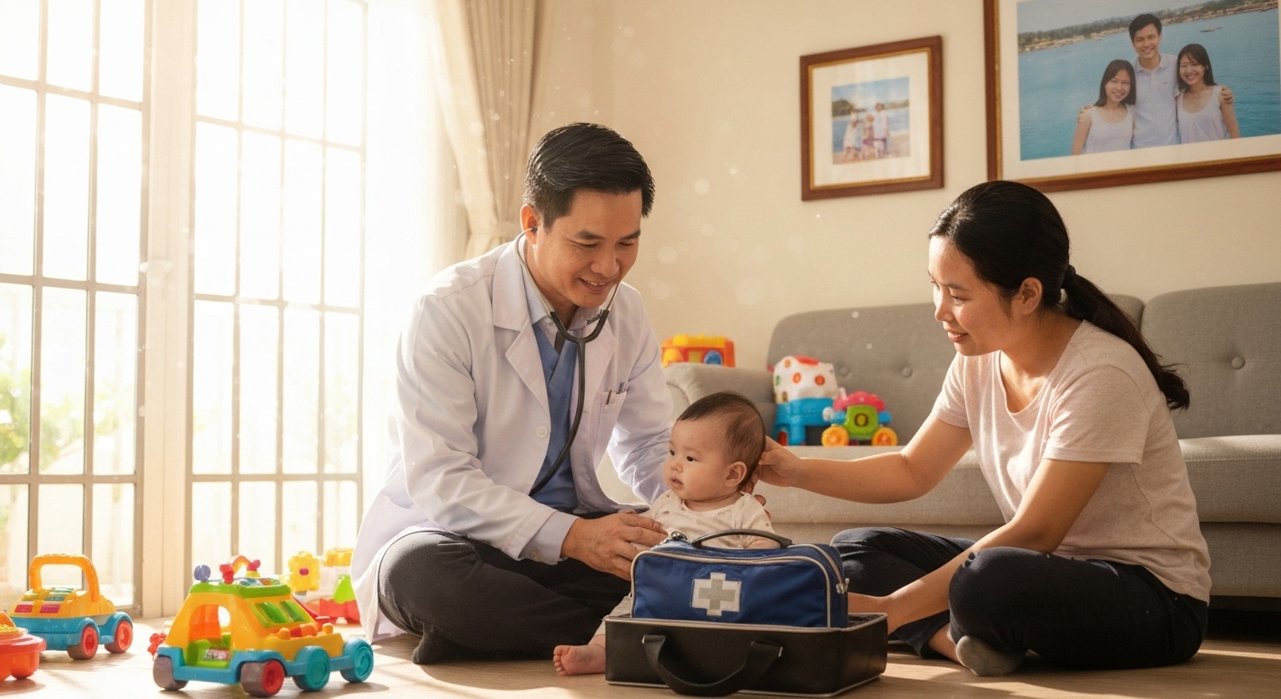 Bác sĩ đang khám bệnh cho một em bé tại nhà, tạo không khí thoải mái và thân thiện.