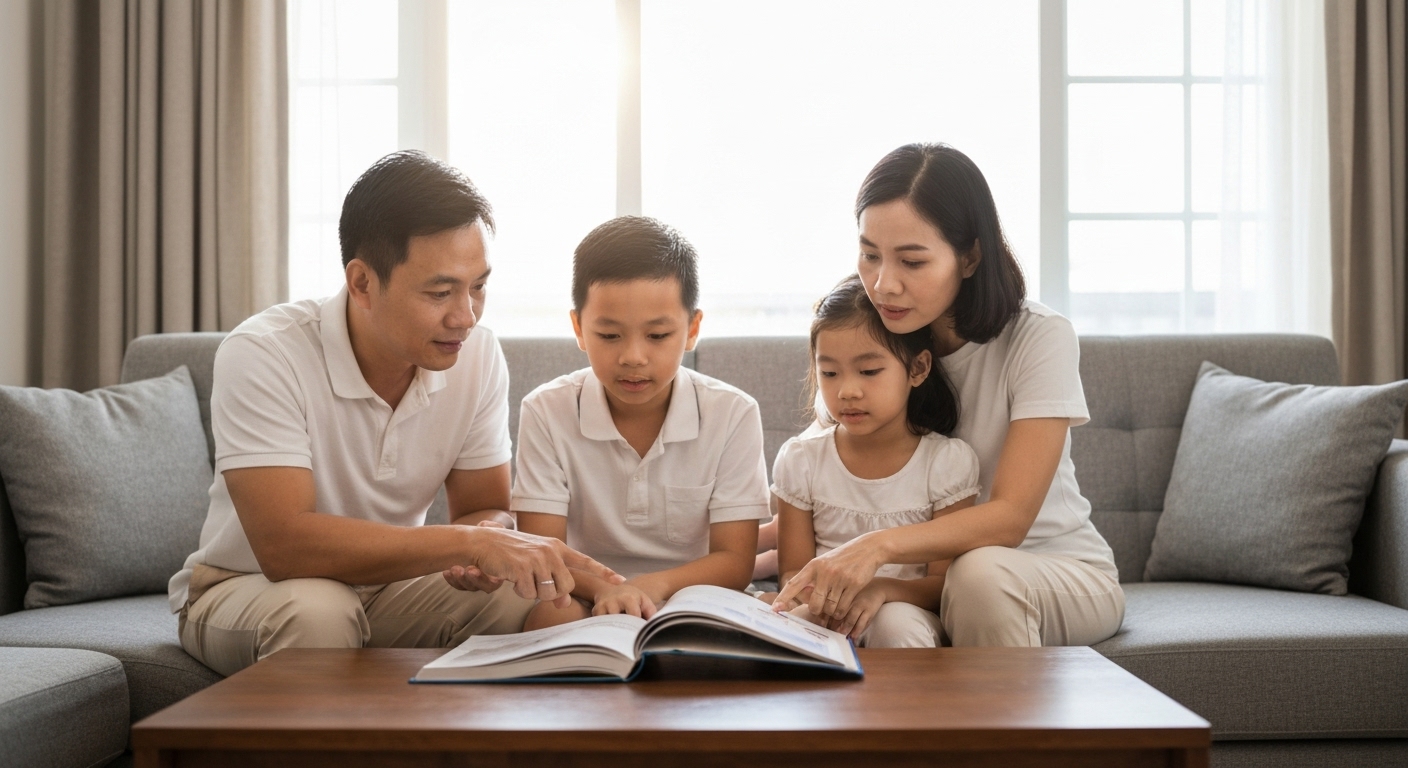 Hình ảnh gia đình đọc sách về sức khỏe, tượng trưng cho kiến thức sức khỏe gia đình