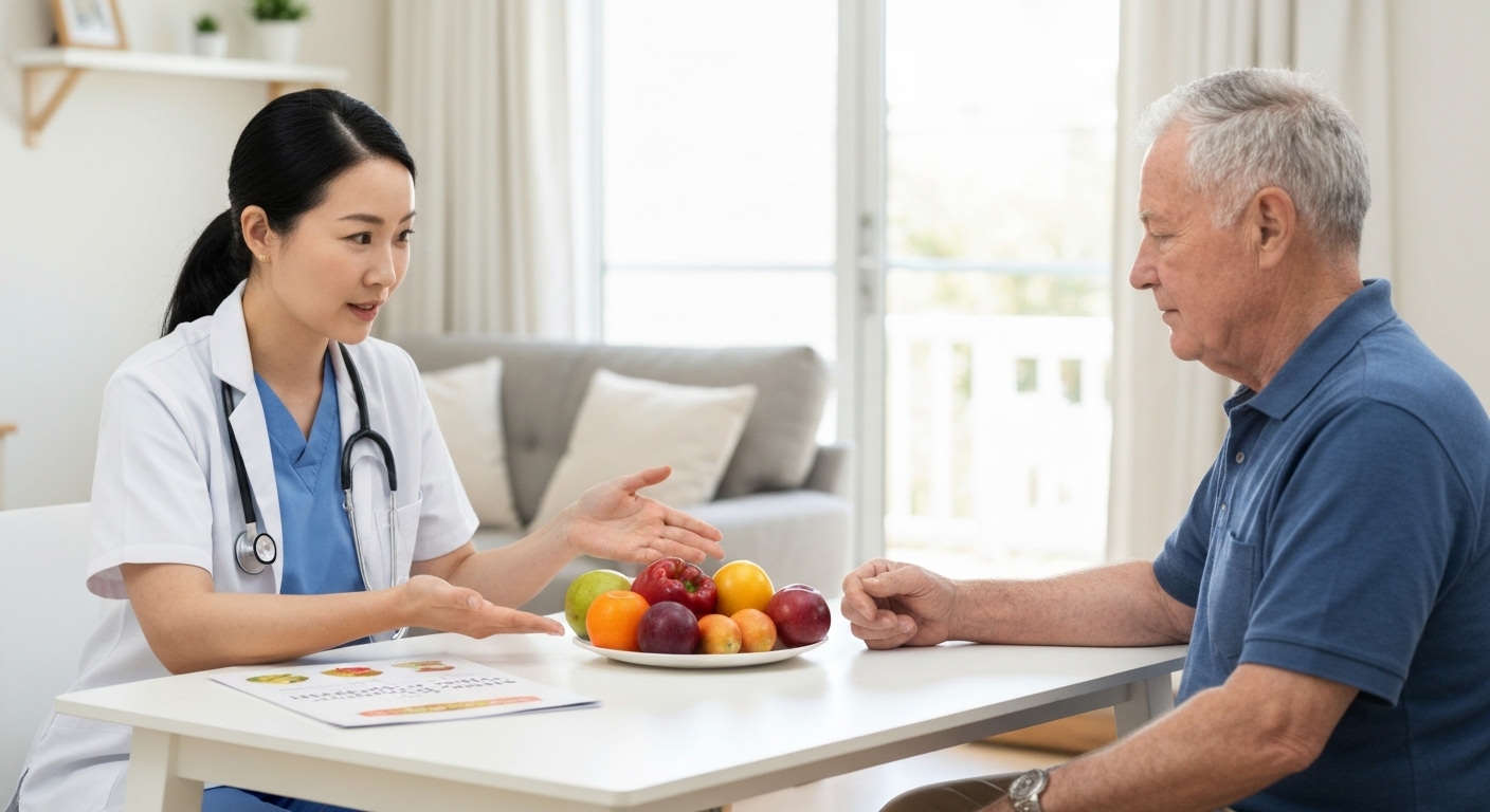 Hình ảnh chuyên gia chăm sóc sức khỏe tại nhà đang tư vấn dinh dưỡng cho bệnh nhân.