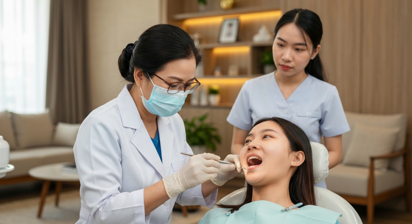 Hình ảnh bác sĩ nha khoa đến nhà khám răng cho bệnh nhân.