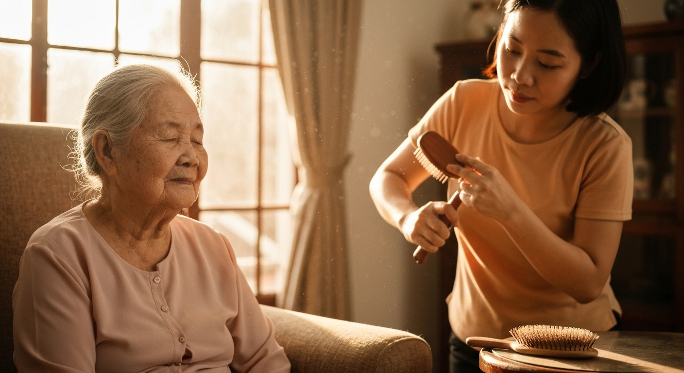 Người thân đang nhẹ nhàng chải tóc cho bệnh nhân tại nhà.
