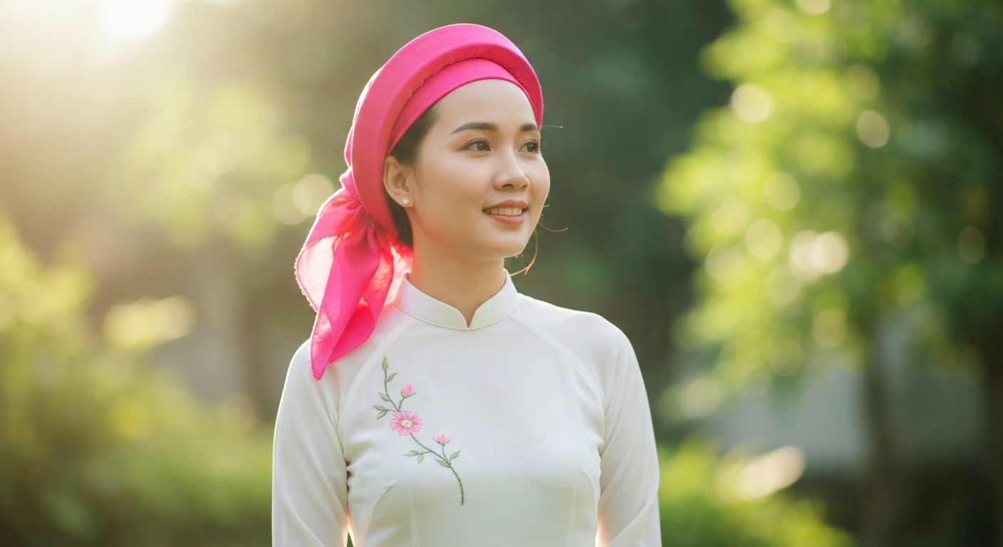 Bệnh nhân ung thư sử dụng khăn trùm đầu để bảo vệ da đầu sau hóa trị.
