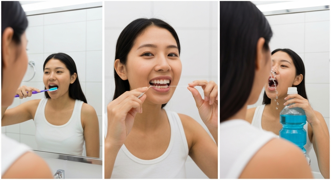 Hình ảnh minh họa các bước vệ sinh răng miệng tại nhà: đánh răng, dùng chỉ nha khoa và súc miệng.