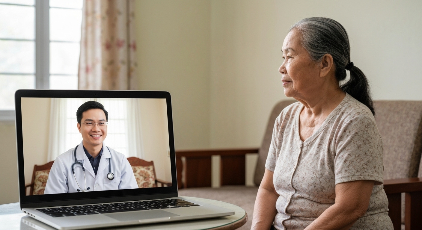 Hình ảnh minh họa bác sĩ tư vấn cho bệnh nhân sau điều trị thông qua nền tảng trực tuyến.