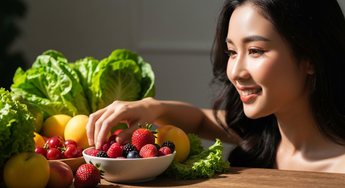Hình ảnh minh họa chế độ ăn uống lành mạnh với nhiều rau xanh và trái cây tươi.