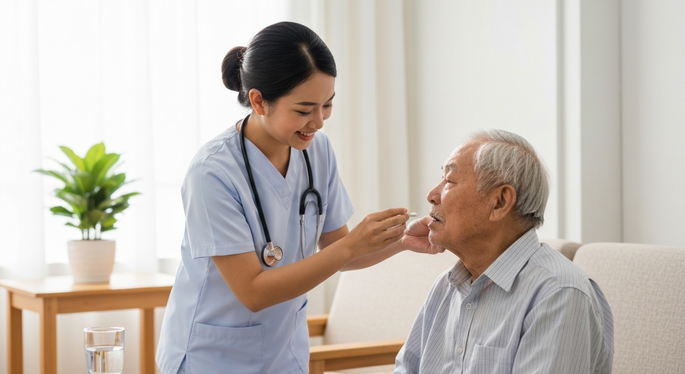 Hình ảnh điều dưỡng viên chăm sóc bệnh nhân lớn tuổi tại nhà, minh họa dịch vụ thuê điều dưỡng