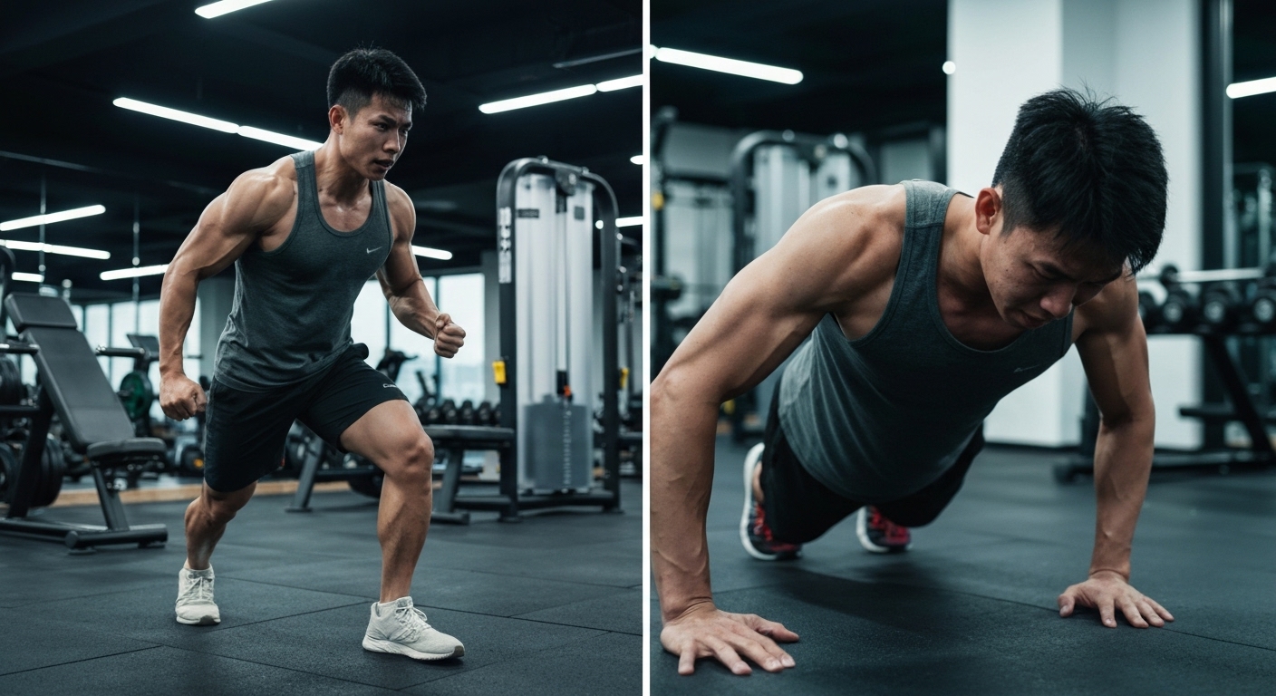Hình ảnh so sánh người tập thể thao với dinh dưỡng tốt và người thiếu dinh dưỡng, thể hiện sự khác biệt về năng lượng và hiệu suất.