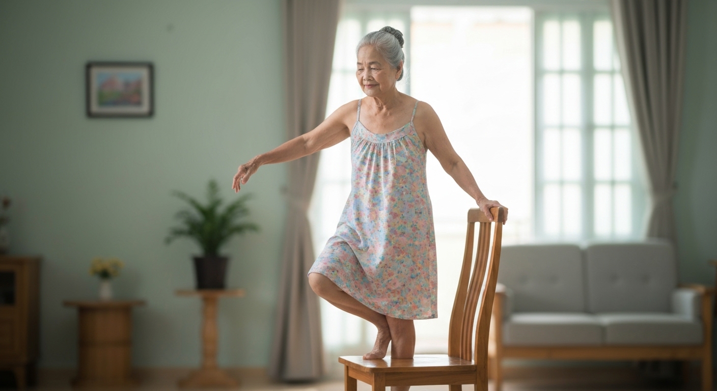 Người cao tuổi tập bài tập thăng bằng tại nhà để giảm nguy cơ té ngã.