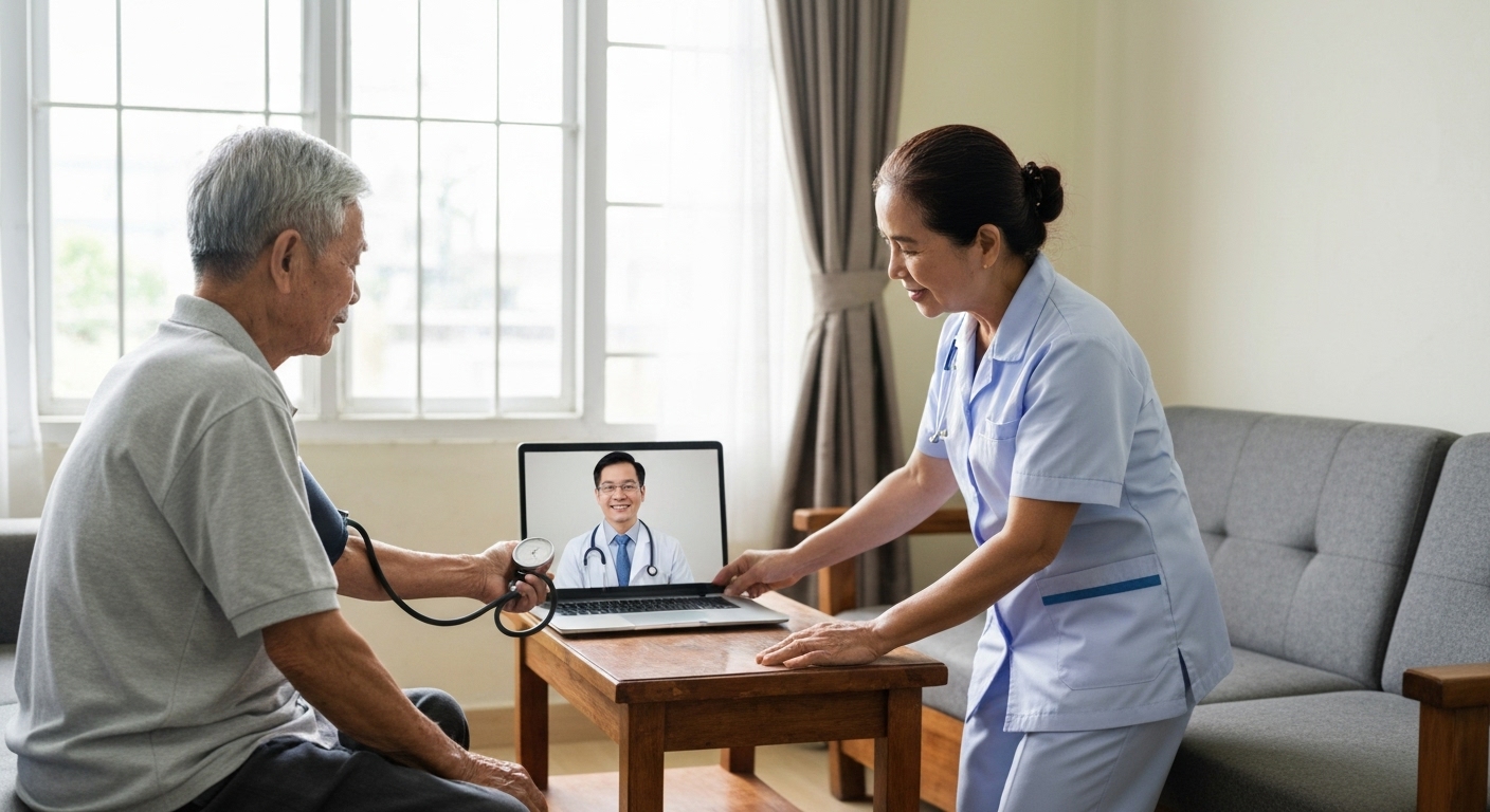 Hình ảnh minh họa điều dưỡng chăm sóc bệnh nhân tại nhà và tư vấn trực tuyến với bác sĩ.