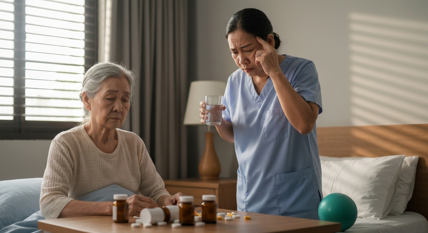 Người chăm sóc tại nhà đang hỗ trợ bệnh nhân, thể hiện sự căng thẳng.
