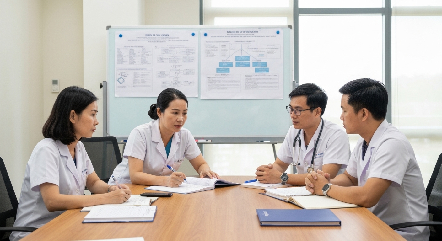 Một nhóm các chuyên gia chăm sóc sức khỏe tâm thần đang thảo luận về kế hoạch điều trị cho bệnh nhân.