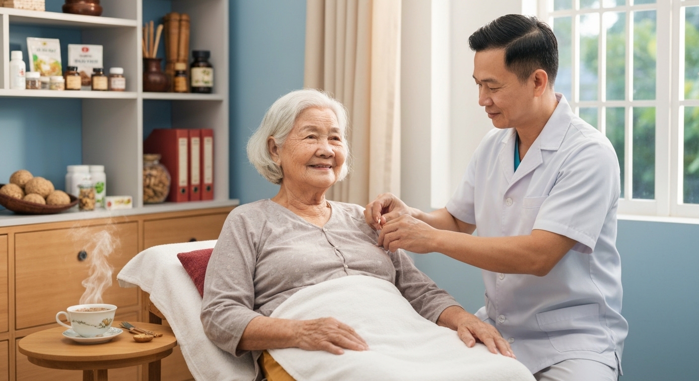 Hình ảnh minh họa việc sử dụng đông y để chăm sóc sức khỏe cho người cao tuổi.